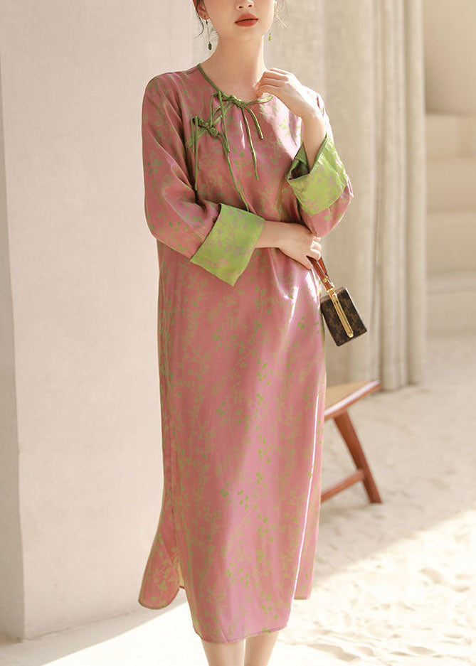 peopleterritory Chinese Style Pink O Neck Tasseled Patchwork Print Silk Dresses Spring LY1715