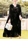 peopleterritory Classy Black Hooded Print Silk Velour Party Dress AC3039