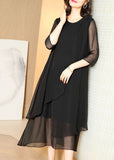 peopleterritory Classy Black O-Neck Tulle Patchwork Chiffon Maxi Dress Summer TI1050