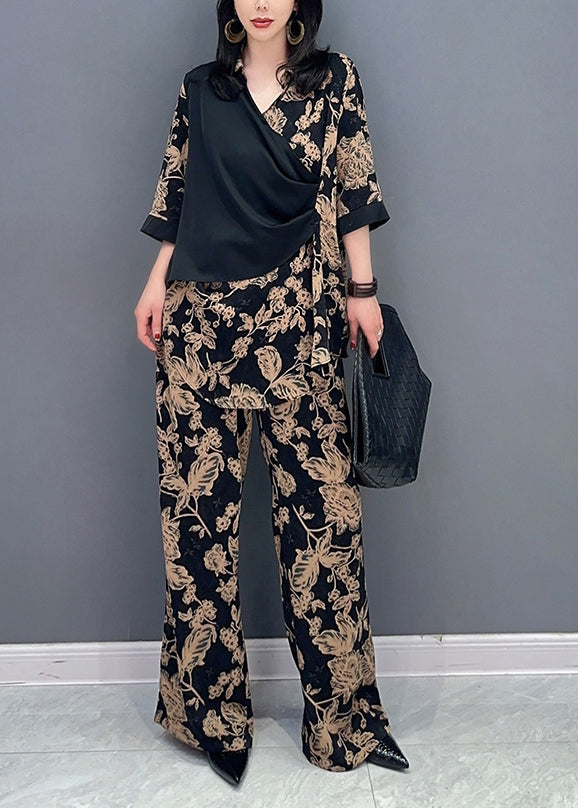 peopleterritory Classy Black V Neck Fake Two Pieces Top And Wide Leg Pants Two Piece Set Spring LC0307