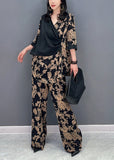 peopleterritory Classy Black V Neck Fake Two Pieces Top And Wide Leg Pants Two Piece Set Spring LC0307