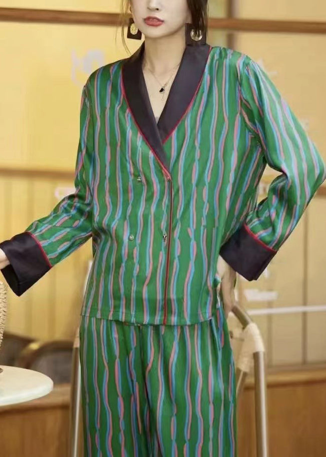 peopleterritory DIY Green Striped Peter Pan Collar Ice Silk Pajamas Two Piece Set Long Sleeve LY1883