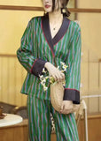 peopleterritory DIY Green Striped Peter Pan Collar Ice Silk Pajamas Two Piece Set Long Sleeve LY1883
