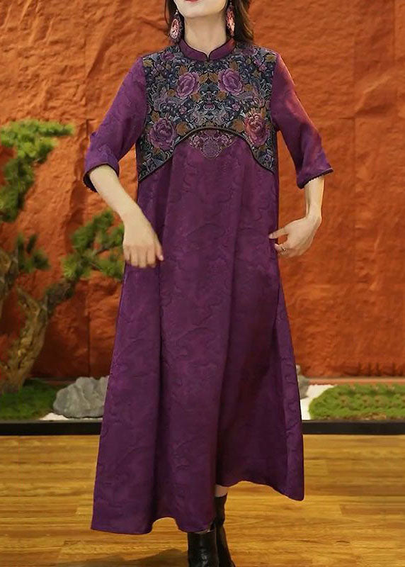 peopleterritory DIY Purple Mandarin Collar Patchwork Jacquard Silk Dresses Half Sleeve LY1697