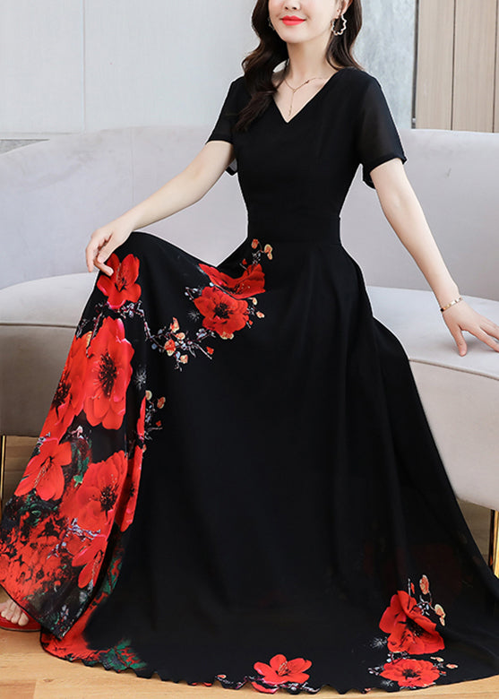 peopleterritory Elegant Black Print Chiffon Maxi Holiday Dress Summer LY1705