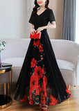 peopleterritory Elegant Black Print Chiffon Maxi Holiday Dress Summer LY1705