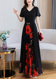 peopleterritory Elegant Black Print Chiffon Maxi Holiday Dress Summer LY1705