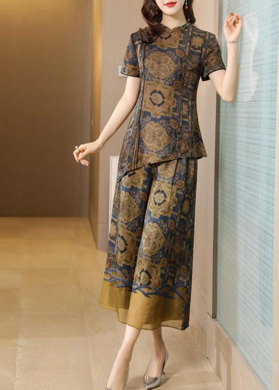peopleterritory Elegant Khaki Asymmetrical Design Print Silk Two Pieces Set AC3007