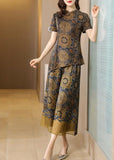 peopleterritory Elegant Khaki Asymmetrical Design Print Silk Two Pieces Set AC3007