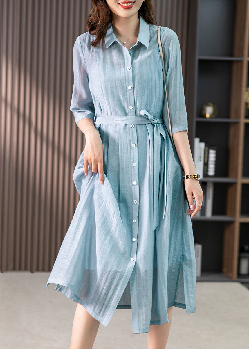 peopleterritory Elegant Light Blue Peter Pan Collar Tie Waist Solid Linen Maxi Dresses Summer LY1744