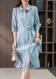 peopleterritory Elegant Light Blue Peter Pan Collar Tie Waist Solid Linen Maxi Dresses Summer LY1744