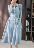 peopleterritory Elegant Light Blue Peter Pan Collar Tie Waist Solid Linen Maxi Dresses Summer LY1744