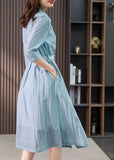 peopleterritory Elegant Light Blue Peter Pan Collar Tie Waist Solid Linen Maxi Dresses Summer LY1744