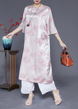 peopleterritory Elegant Pink O-Neck Print Tassel Silk Long Dress Half Sleeve LY1832