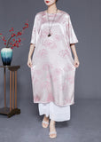 peopleterritory Elegant Pink O-Neck Print Tassel Silk Long Dress Half Sleeve LY1832