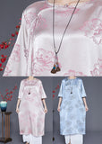 peopleterritory Elegant Pink O-Neck Print Tassel Silk Long Dress Half Sleeve LY1832