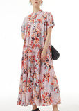 peopleterritory Elegant Pink Stand Collar Wrinkled Print Patchwork Chiffon Dress Summer LY1234
