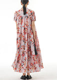 peopleterritory Elegant Pink Stand Collar Wrinkled Print Patchwork Chiffon Dress Summer LY1234