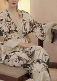 peopleterritory Elegant V Neck Print Tie Waist Ice Silk Pajamas Two Pieces Set Long Sleeve LY1875