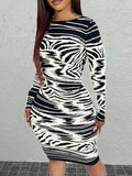 furdelashop Round Neck Zebra Striped Bodycon Dress AT9038