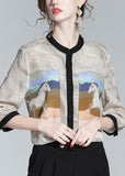 peopleterritory Fashion Apricot O-Neck Print Button Silk Shirt Long Sleeve LY1013