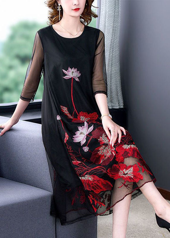 peopleterritory Fashion Black Embroideried Hollow Out Tulle Robe Dresses Bracelet Sleeve LY1696