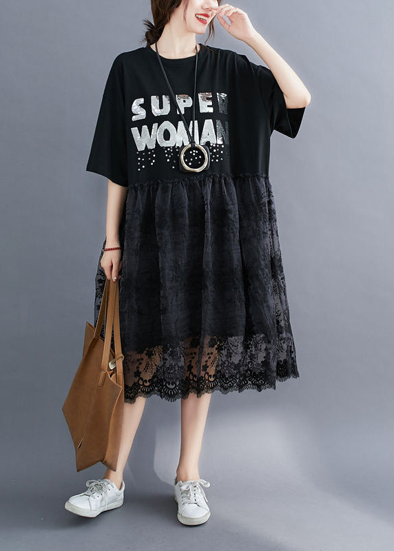 peopleterritory Fashion Black O-Neck Lace Patchwork Cotton Holiday Dress Half Sleeve LY0896