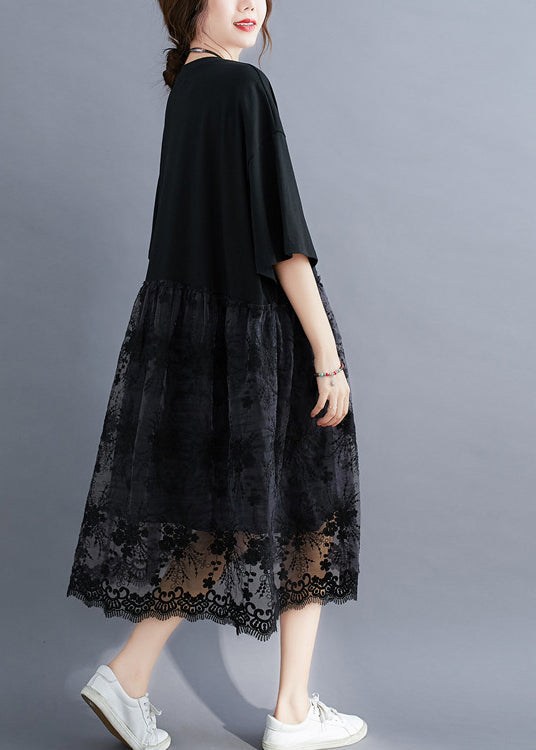 peopleterritory Fashion Black O-Neck Lace Patchwork Cotton Holiday Dress Half Sleeve LY0896
