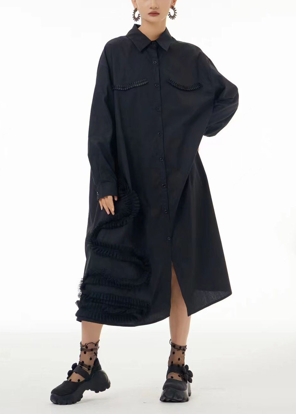 peopleterritory Fashion Black Oversized Patchwork Wrinkled Cotton Shirt Dress Spring LC0103