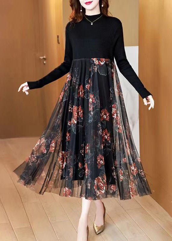 peopleterritory Fashion Black Stand Collar Patchwork Tulle Knit Long Dress Spring AC2044