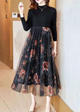 peopleterritory Fashion Black Stand Collar Patchwork Tulle Knit Long Dress Spring AC2044