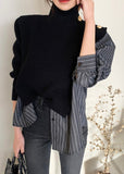 peopleterritory Fashion Black Striped Turtleneck Asymmetrical Knit Patchwork Button Shirt Spring LY0394