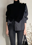 peopleterritory Fashion Black Striped Turtleneck Asymmetrical Knit Patchwork Button Shirt Spring LY0394