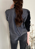 peopleterritory Fashion Black Striped Turtleneck Asymmetrical Knit Patchwork Button Shirt Spring LY0394