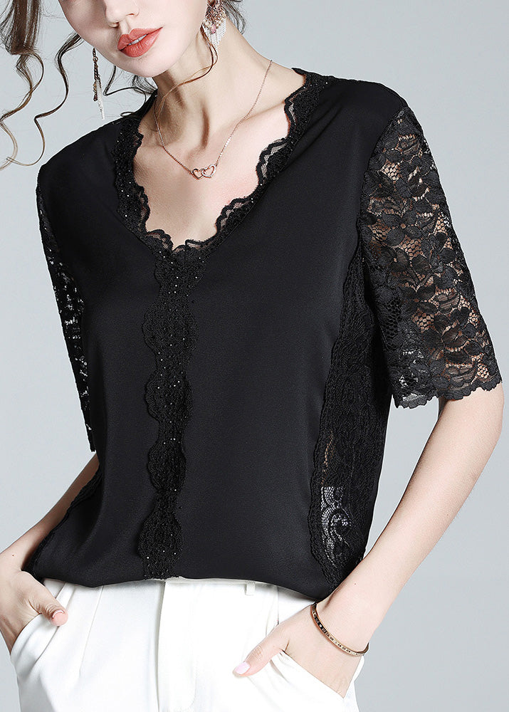 peopleterritory Fashion Black V Neck Lace Patchwork Solid Top Short Sleeve LY1072