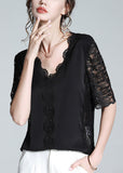 peopleterritory Fashion Black V Neck Lace Patchwork Solid Top Short Sleeve LY1072