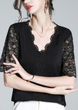 peopleterritory Fashion Black V Neck Lace Patchwork Solid Top Short Sleeve LY1072