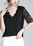 peopleterritory Fashion Black V Neck Lace Patchwork Solid Top Short Sleeve LY1072