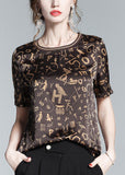peopleterritory Fashion Coffee O-Neck Print Chiffon Tops Short Sleeve LY1046