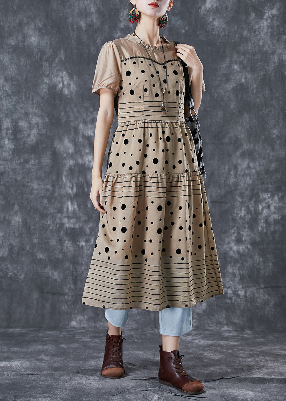 peopleterritory Fashion Coffee Ruffled Patchwork Print Chiffon Dress Summer TA1048