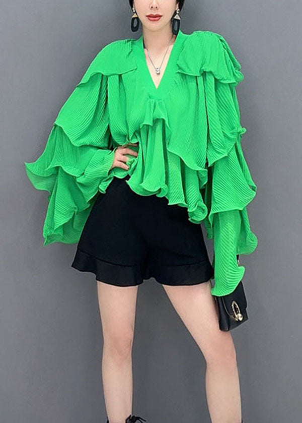 peopleterritory Fashion Green Asymmetrical Ruffled Patchwork Chiffon Tops Spring LC0352