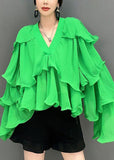 peopleterritory Fashion Green Asymmetrical Ruffled Patchwork Chiffon Tops Spring LC0352