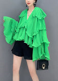 peopleterritory Fashion Green Asymmetrical Ruffled Patchwork Chiffon Tops Spring LC0352