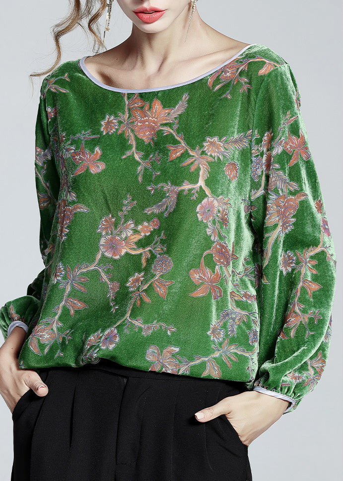 peopleterritory Fashion Green O-Neck Print Velour Top Spring F4016