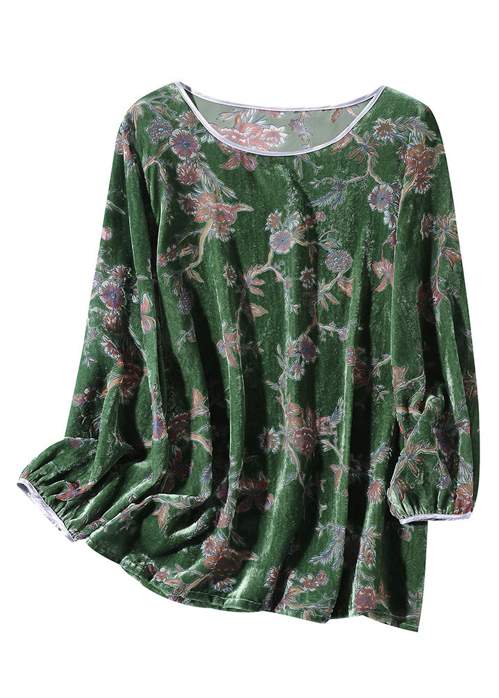 peopleterritory Fashion Green O-Neck Print Velour Top Spring F4016