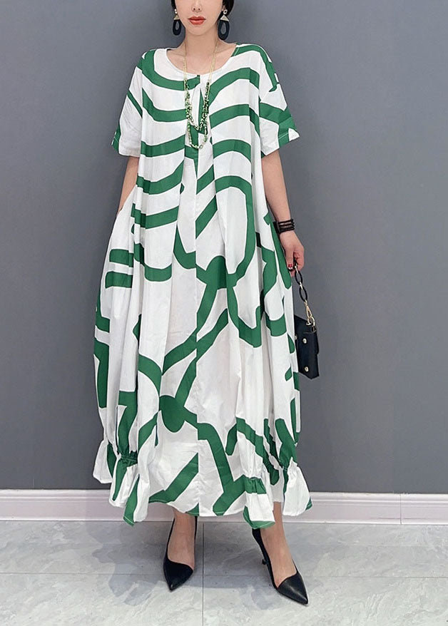 peopleterritory Fashion Green Striped Oversized Wrinkled Cotton Maxi Dresses Summer LY0548