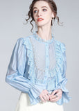 peopleterritory Fashion Light Blue Lace Ruffled Nail bead Patchwork Silk Shirt Spring LY0111