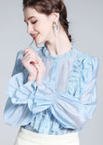 peopleterritory Fashion Light Blue Lace Ruffled Nail bead Patchwork Silk Shirt Spring LY0111