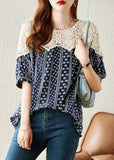 peopleterritory Fashion Navy O-Neck Print Lace Patchwork Shirt Summer LY1529