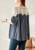 peopleterritory Fashion Navy O-Neck Print Lace Patchwork Shirt Summer LY1529
